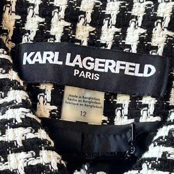 Karl Lagerfeld Paris Houndstooth Tweed Fringed Jacket - Black White - Picture 7 of 9